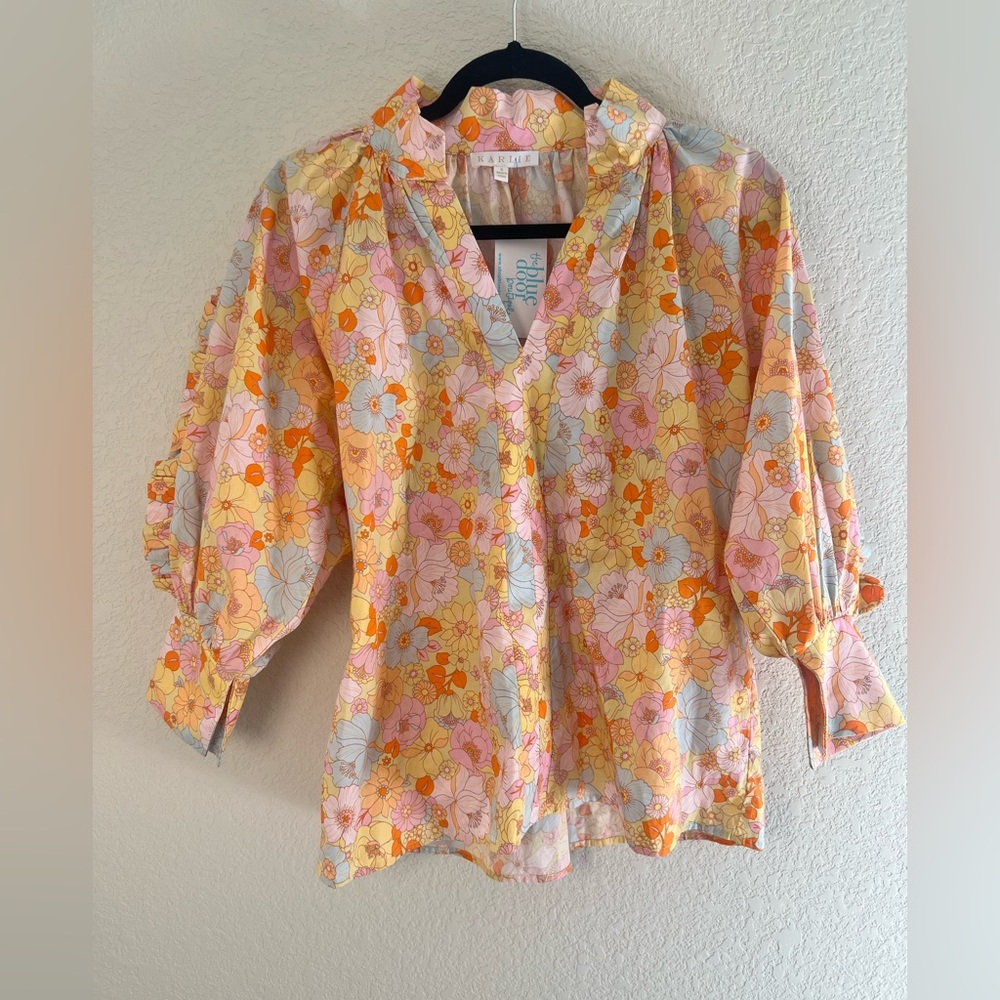 Karlie Floral Poplin Bright V-Neck Top Ruffle Sleeves Summer/Spring NWT - Picture 2 of 8